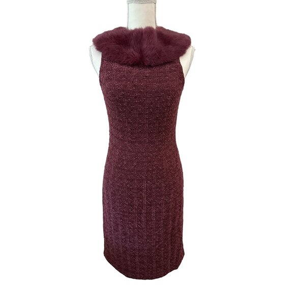 CARMEN MARC VALVO Boucle Rabbit Fur Collar Pencil Dress Size 6 - Picture 1 of 7